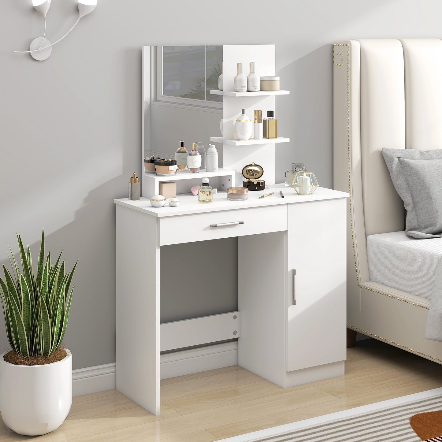 Dressing Table with Cabinet, Drawer, Makeup Mirror and Open Shelves, 90x38x138 cm, White