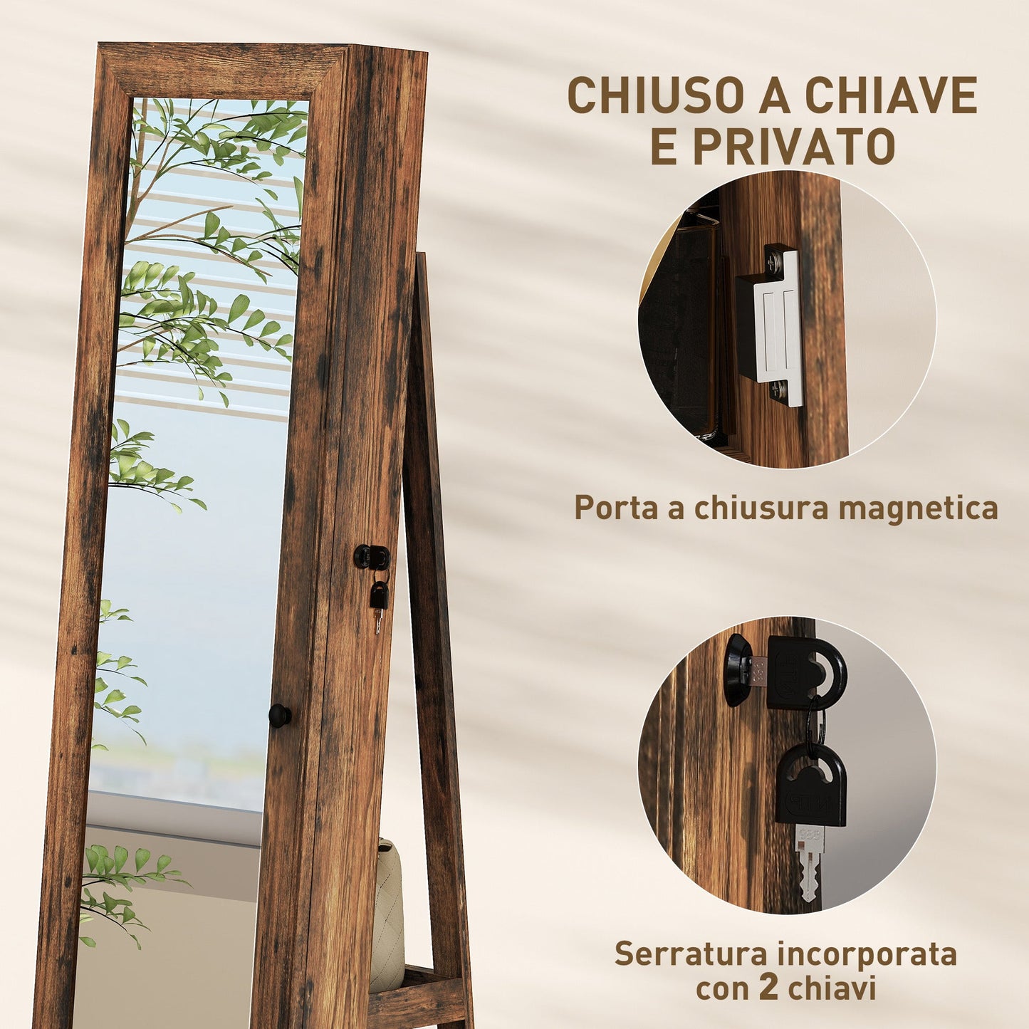 360° Swivel Floor-Standing Jewelry Mirror with Shelves and Key Lock, 55x55x161 cm, Rustic Brown
