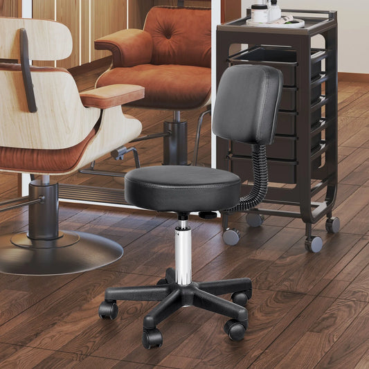 Height‑Adjustable Swivel Stool with Backrest – Black PU Leather