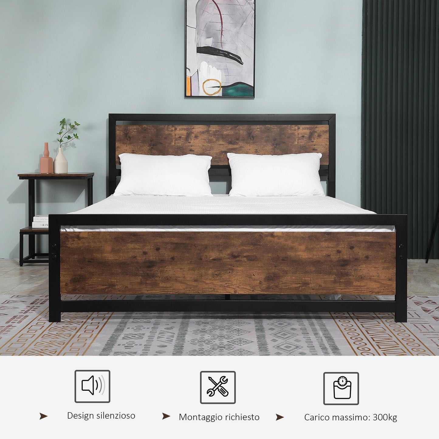 Industrial Style Wooden and Steel Double Bed Frame with Slats, 160x200cm