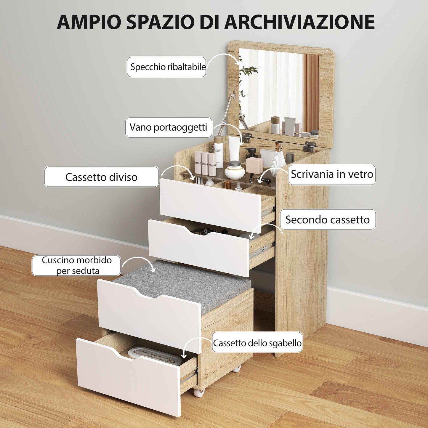 3-in-1 Dressing Table with Mirror, Storage, 2 Drawers and Stool, Wooden, 50x40x78 cm, White and Oak
