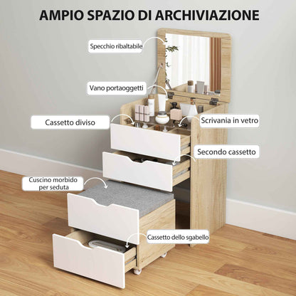3-in-1 Dressing Table with Mirror, Storage, 2 Drawers and Stool, Wooden, 50x40x78 cm, White and Oak