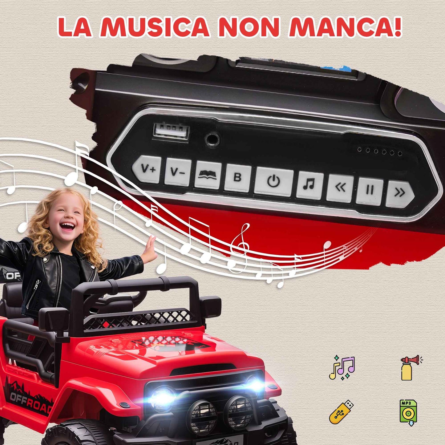 Children's Off-Road Vehicle with Lights, Horn, Belt and Remote Control, Made of PP and Metal, 99x66x68.5 cm, Red