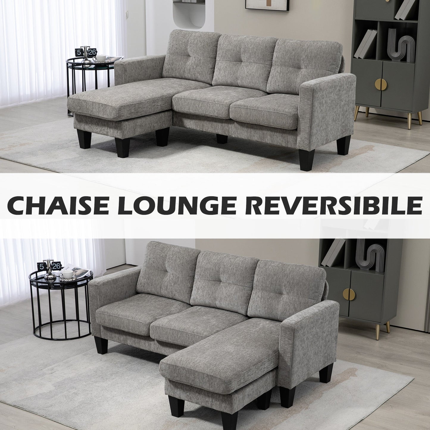 3-Seater Corner Sofa with Seat and Back Cushion, in Chenille Effect Fabric, 186x130x84 cm, Taupe