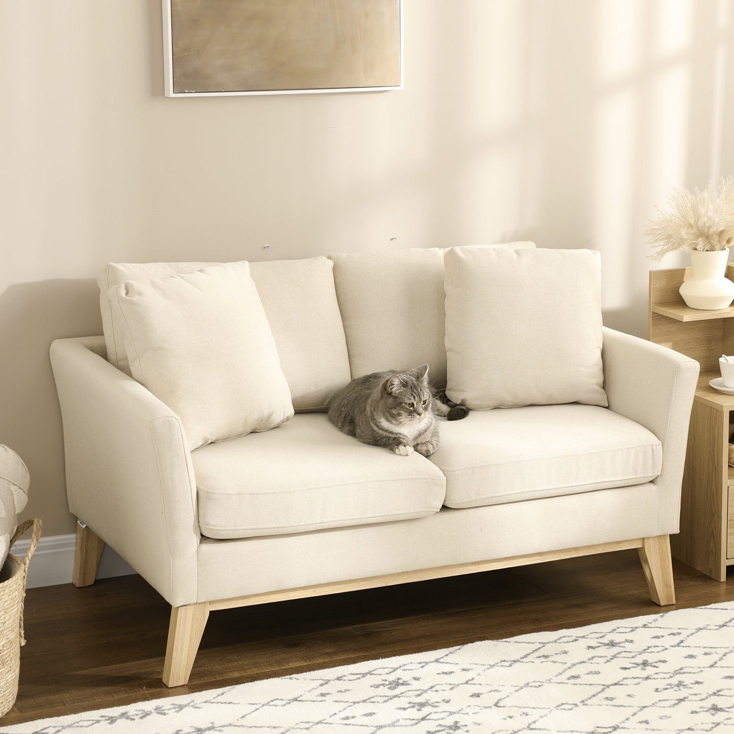 2-Seater Sofa in Eucalyptus Wood and Linen-Effect Fabric with 2 Cushions, 137x78x78 cm, Beige