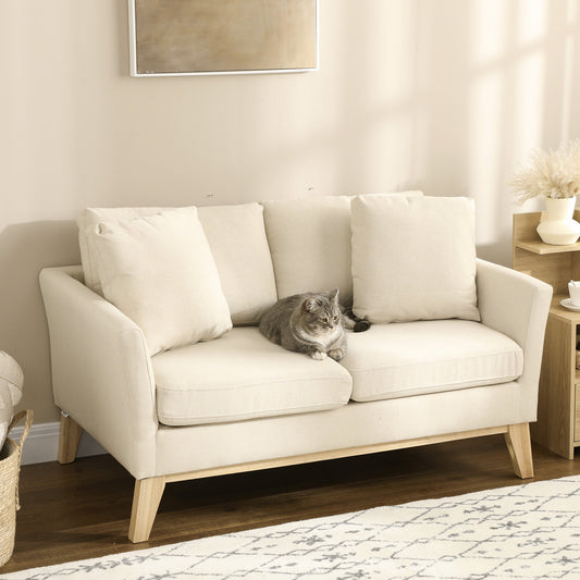 2-Seater Sofa in Eucalyptus Wood and Linen-Effect Fabric with 2 Cushions, 137x78x78 cm, Beige