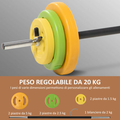 20kg Non-Slip Barbell and Disc Set with 6 Weights and 2 Fixing Clips, Ø28x130 cm, Multicolour