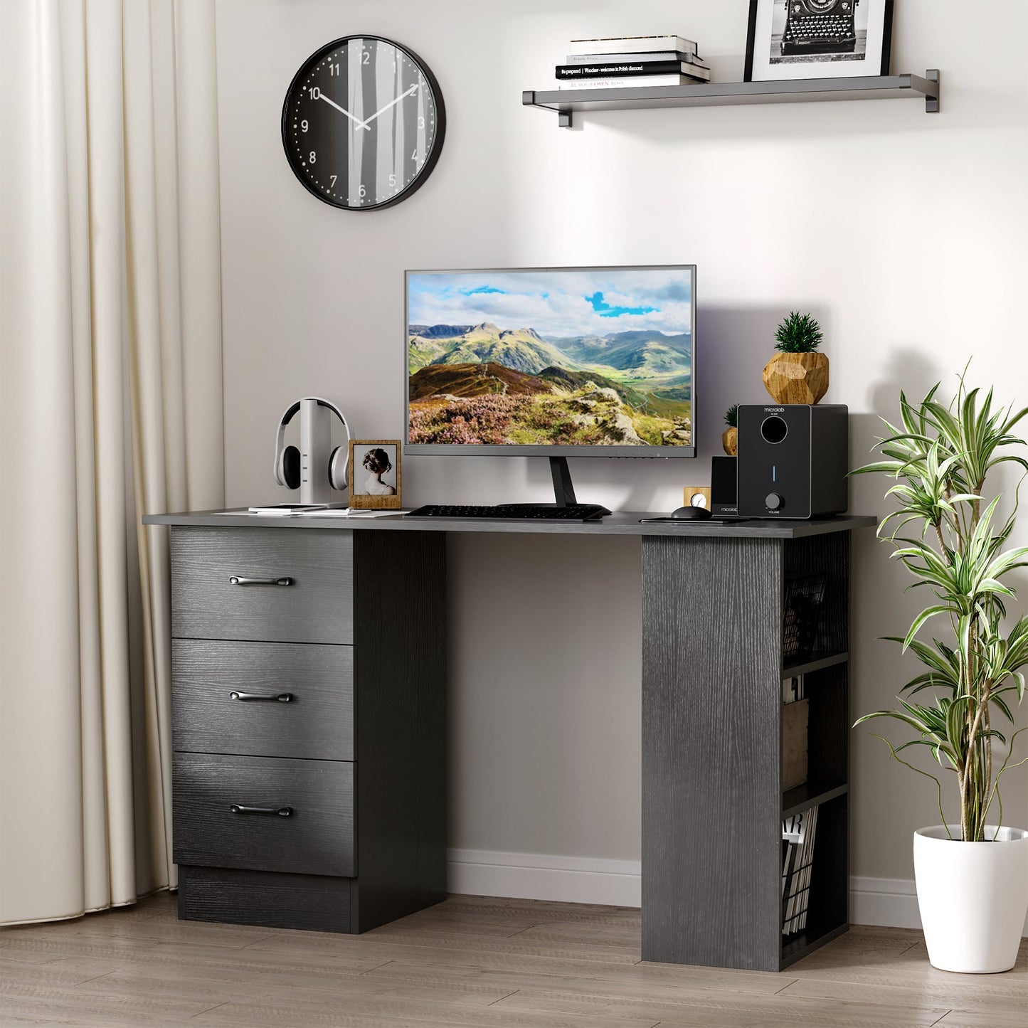 Modern Wooden Desk with 3 Drawers and 3 Shelves for Bedroom and Office, 120x49x72cm, Black