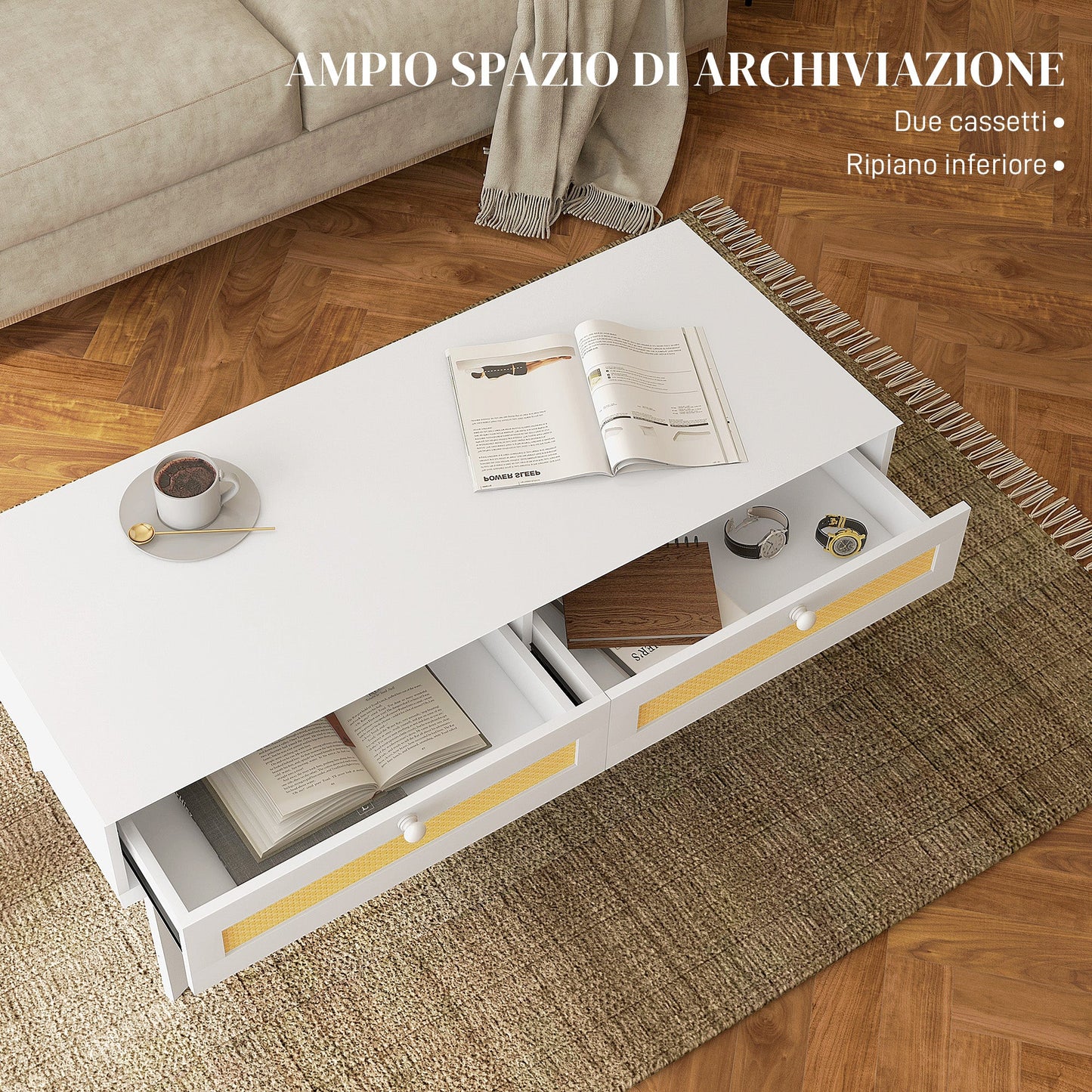 Boho Coffee Table with 2 Drawers and Shelf, Rattan and Chipboard, 120x50x50 cm, White and Wood Color