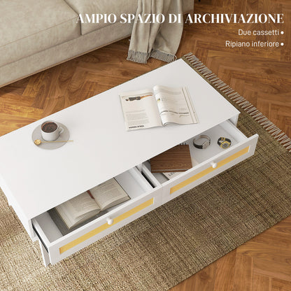 Boho Coffee Table with 2 Drawers and Shelf, Rattan and Chipboard, 120x50x50 cm, White and Wood Color