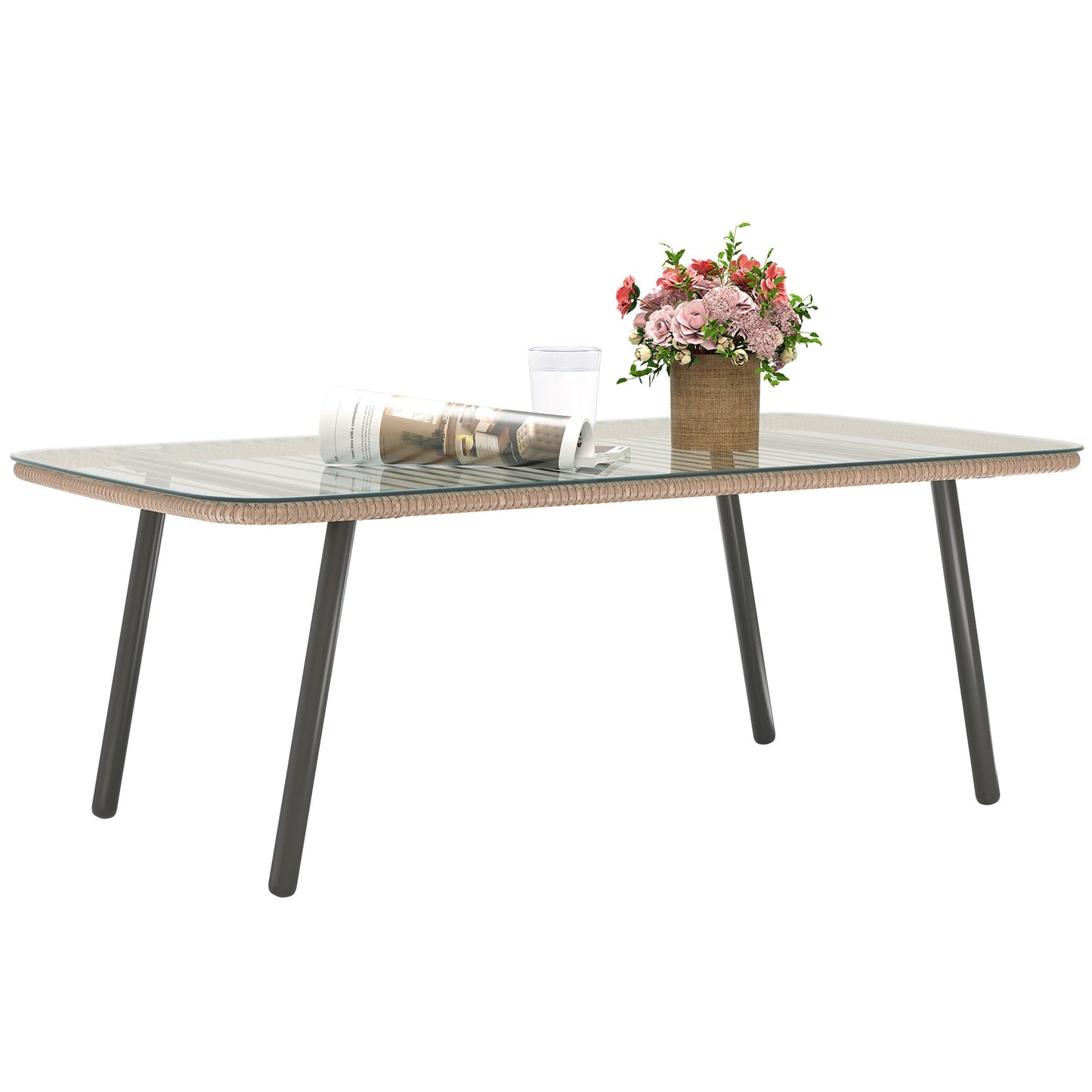 PE Rattan Garden Table with Glass and Steel Top, 110x60x40 cm, Natural Wood