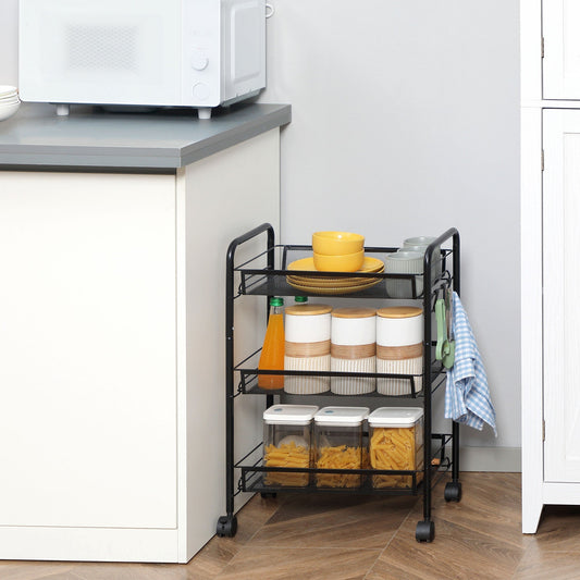 3-Tier Kitchen Cart with Removable Baskets and 4 Wheels, Steel and PP Plastic, 41.5Lx26. 5x63 cm, Black