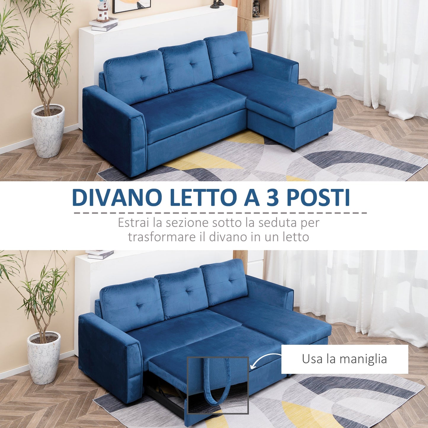 ALEA | 3 Seater Velvet Effect Corner Sofa Bed and Chaise with Storage, 232x141x85cm, Blue
