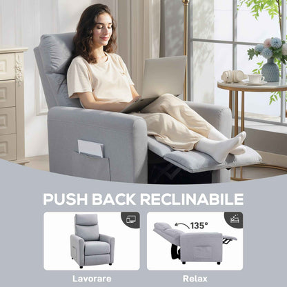 Reclining Chair 135° max in Linen Effect Fabric, Foam, Steel and Wood, 73x86x100 cm, Light