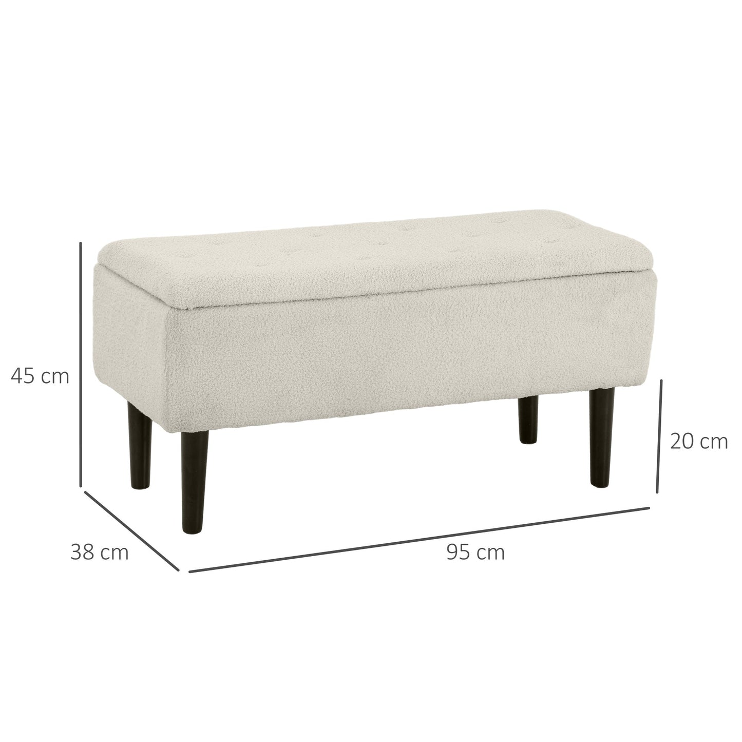 Bedside Bench with 47L Storage Compartment and Teddy Fabric Upholstery, 95x38x45 cm, Beige