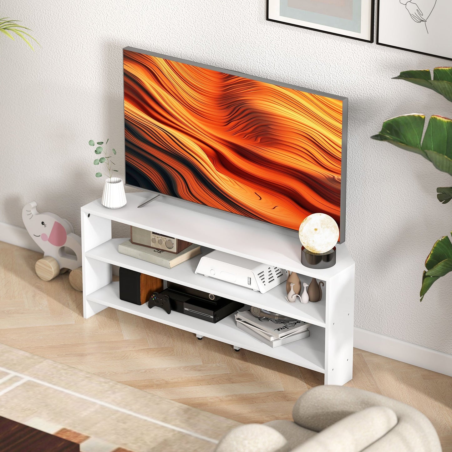 Corner TV Stand for 47" Max with 2 Open Shelves, Wooden, 110x36x45 cm, White