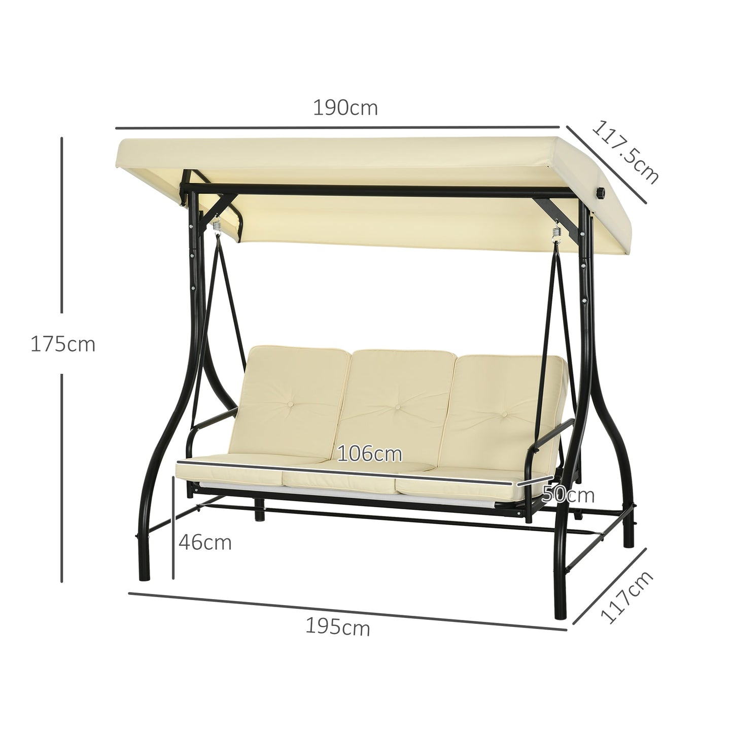 3 Seater Garden Swing with Adjustable Canopy, Metal and Teslin Fabric, Beige and Black