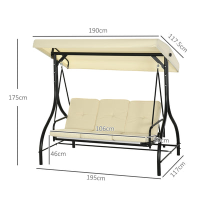 3 Seater Garden Swing with Adjustable Canopy, Metal and Teslin Fabric, Beige and Black