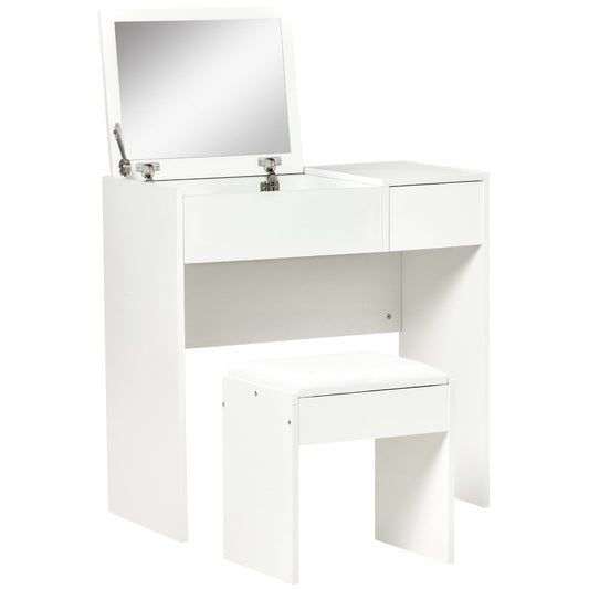 Vanity Table with Folding Mirror, Modern Makeup Table with Stool, 4-Compartment Storage Compartment, White MDF, 80x40x79 cm