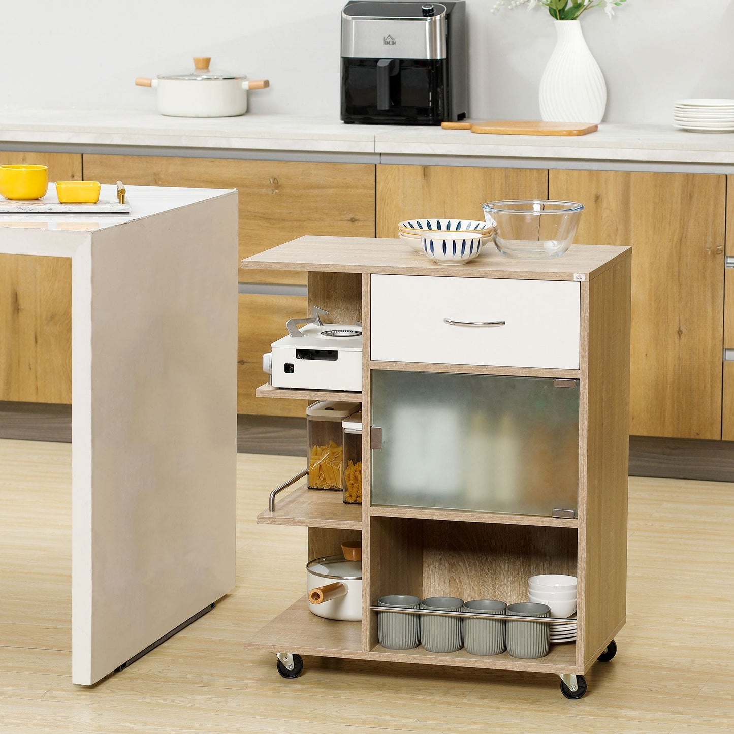 Kitchen Trolley Food Cart with Drawer, Shelves and Cabinet in Wood, Steel and Glass, 65x39x80cm