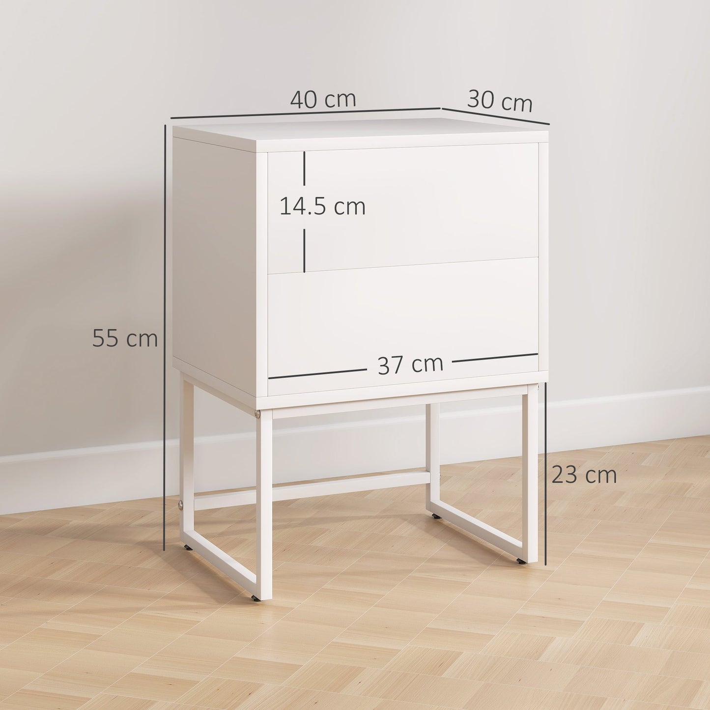 Modern 2-Drawer Bedside Table with Push-Opening, MDF and Steel, 40x30x50 cm, White