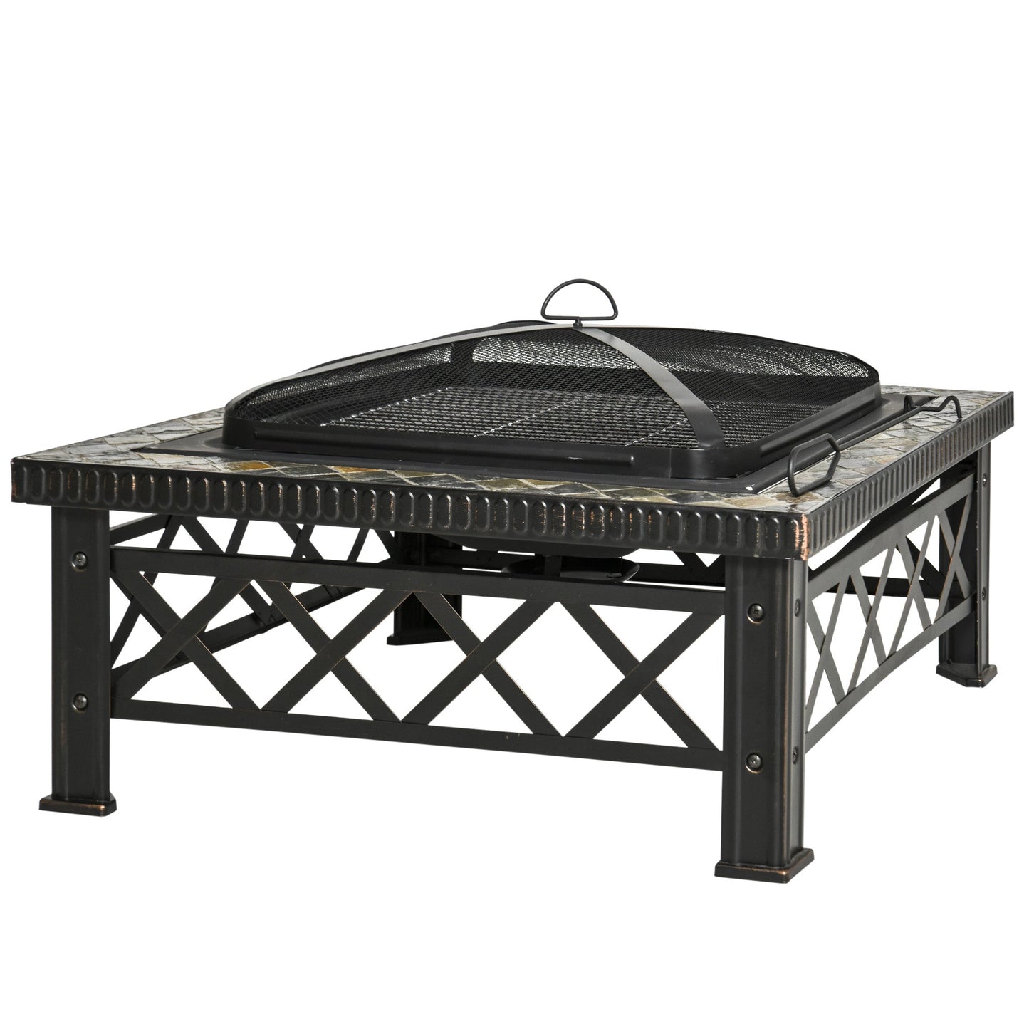 SIENA | Garden Fire Pit with Lid Spark Guard and Metal BBQ Grill 76x76x47cm Black