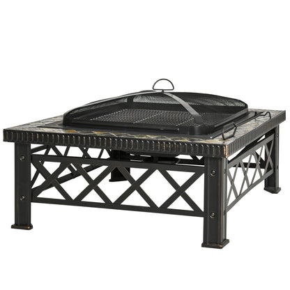 SIENA | Garden Fire Pit with Lid Spark Guard and Metal BBQ Grill 76x76x47cm Black