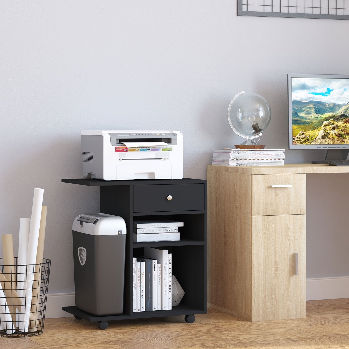 Printer Stand in Black Wood with 1 Drawer, 2 Shelves and CPU Shelf, for Office 60x40x68.5cm