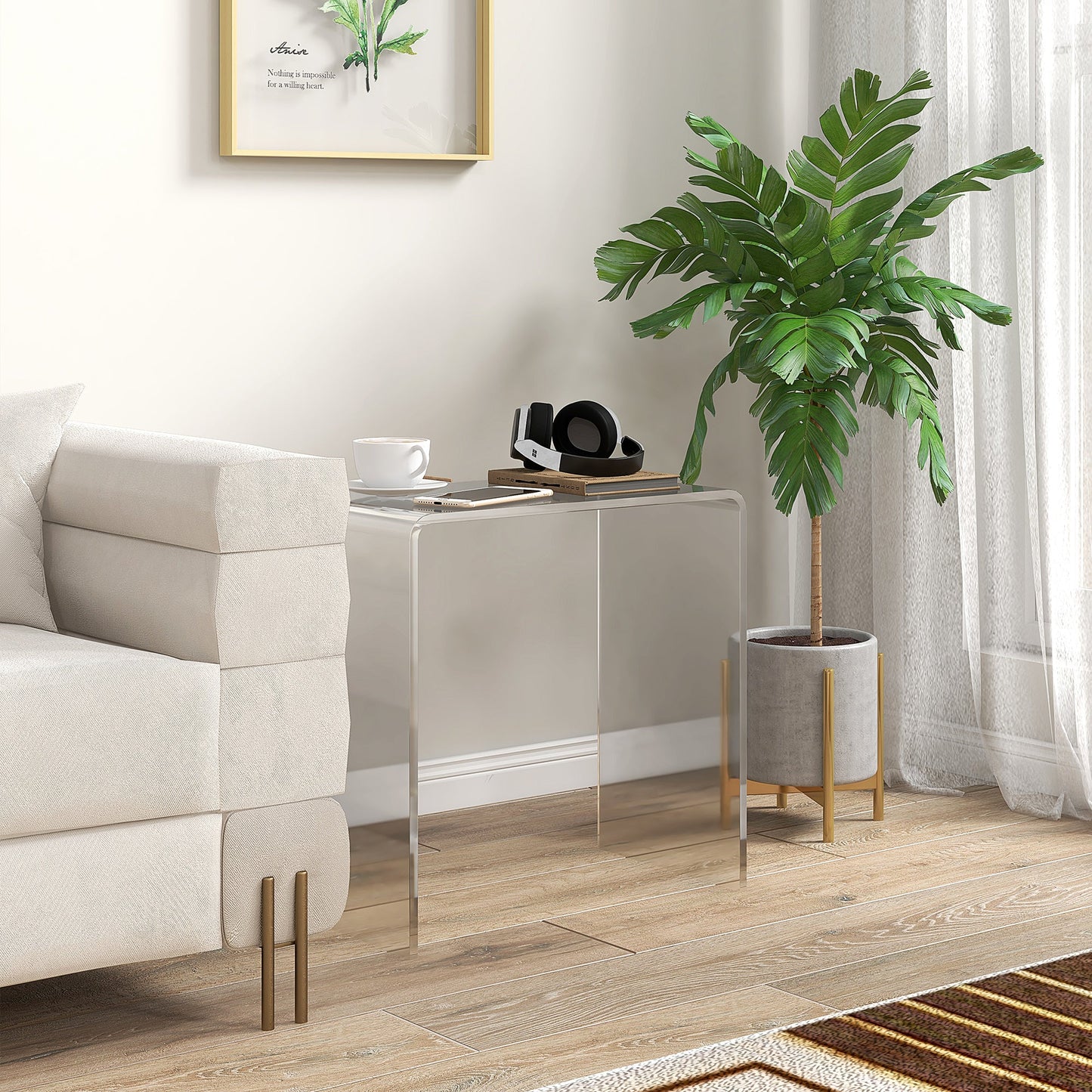 Living room coffee table in UC with smooth edges and rounded corners, 53.5x30.5x53.5 cm, transparent