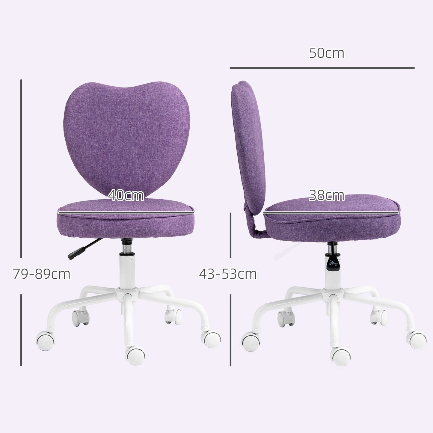 Heart-Shaped Desk Chair with 5 Wheels and Adjustable Height in Fabric, 40x50x79-89cm, Purple
