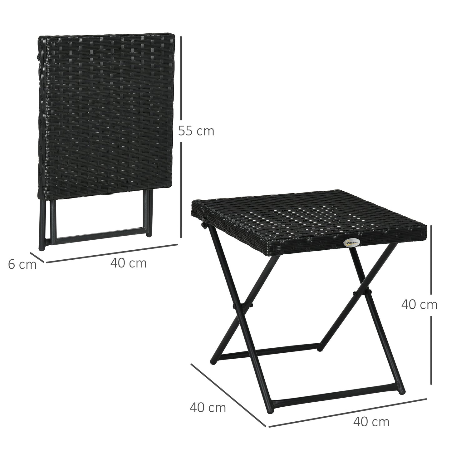 Space-Saving Folding Garden Table in Synthetic Rattan and Steel, 40x40x40cm, Black