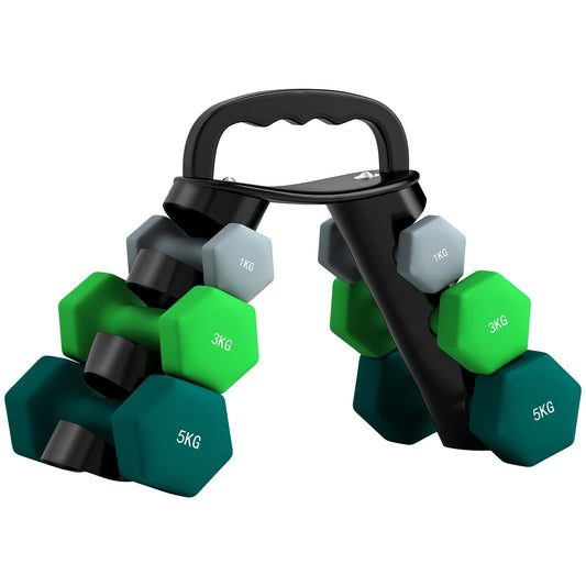 Dumbbell Set with Stand, 3 Pairs of Weights: 2 x 1 kg, 2 x 3 kg, 2 x 5 kg, Multicolored