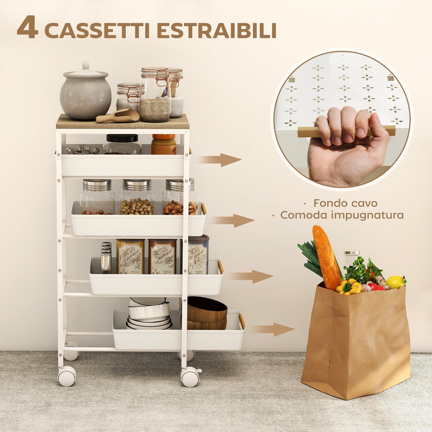 5-Tier Kitchen Cart with 4 Removable Baskets, Metal, PP and Wood, 39.5x24x82 cm, White and Oak