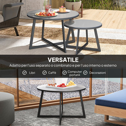 Set of 2 Outdoor Coffee Tables with Tempered Glass Top, Ø70x45 cm and Ø50x35 cm, Gray
