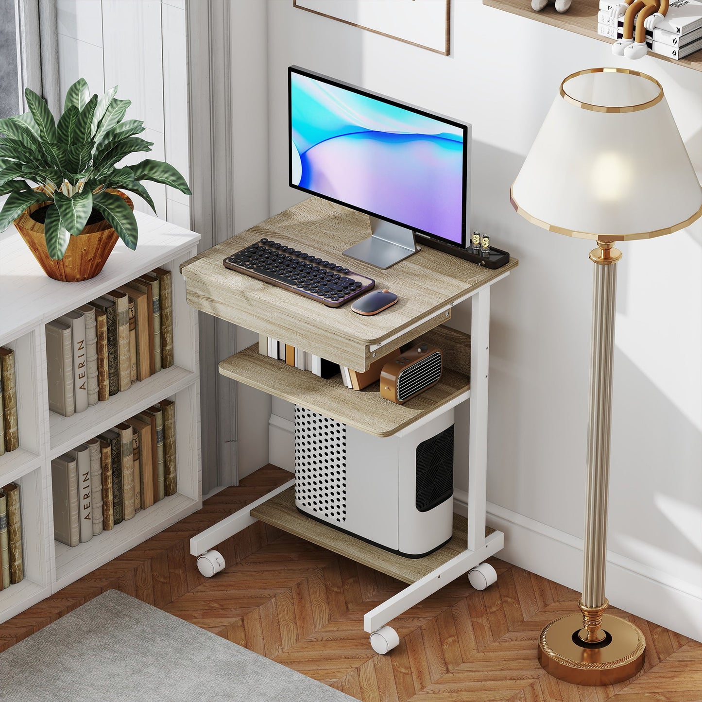 PC Desk with Sliding Drawer, 2 Shelves and 4 Wheels, in Wood and Metal, 56x51x79 cm, White and Oak