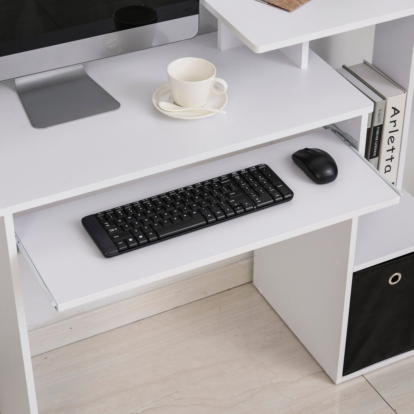 Modern Desk with Keyboard Shelf and Fabric Drawer, 100x40x86.6cm, Black and White