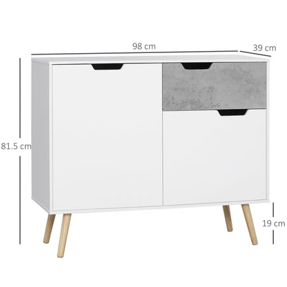 Living Room Cabinet with 2 Doors and Drawer in Chipboard and Pine, 98x39x81.5 cm, Grey and White