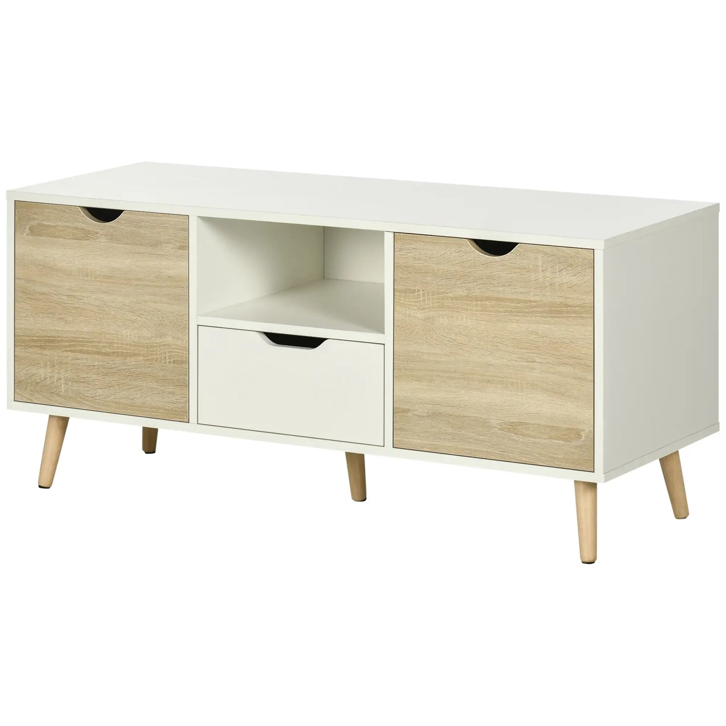 Modern TV Stand max 50" in Chipboard with Drawers, Open Shelves and Cabinets, 110x40x50 cm, White and Wood Color