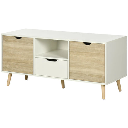 Modern TV Stand max 50" in Chipboard with Drawers, Open Shelves and Cabinets, 110x40x50 cm, White and Wood Color
