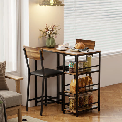 3-Tier Bar Table and 2 Stools with Footrest and Backrest, Wood and Steel, Black and Walnut