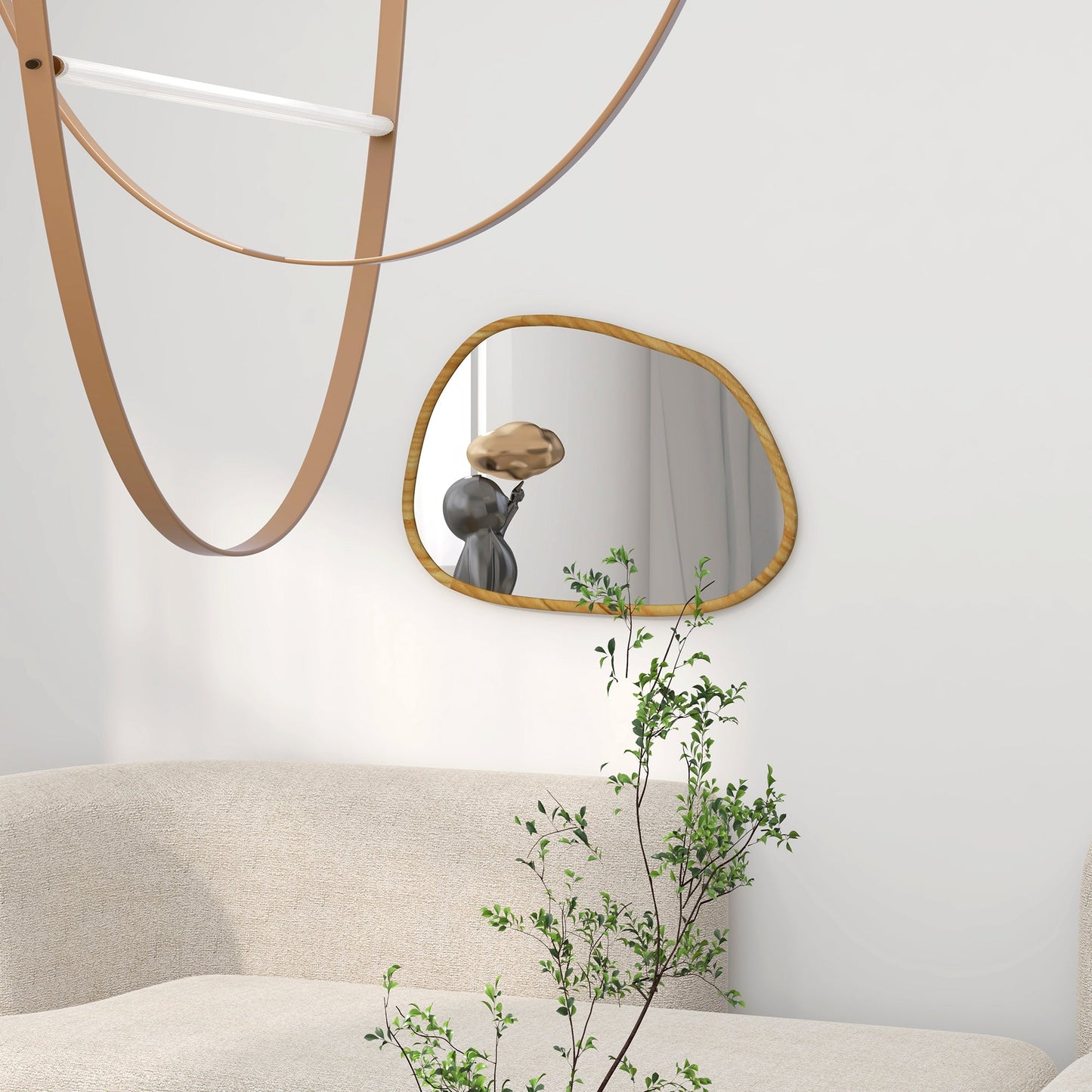 Modern Wall Mirror with Irregular Edges and Wooden Frame for Bedroom and Entrance, 80x60 cm