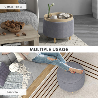 Velvet Storage Pouf 120 kg max with Flip-Top Tray, in MDF and Oak, 56x56x42 cm, Grey