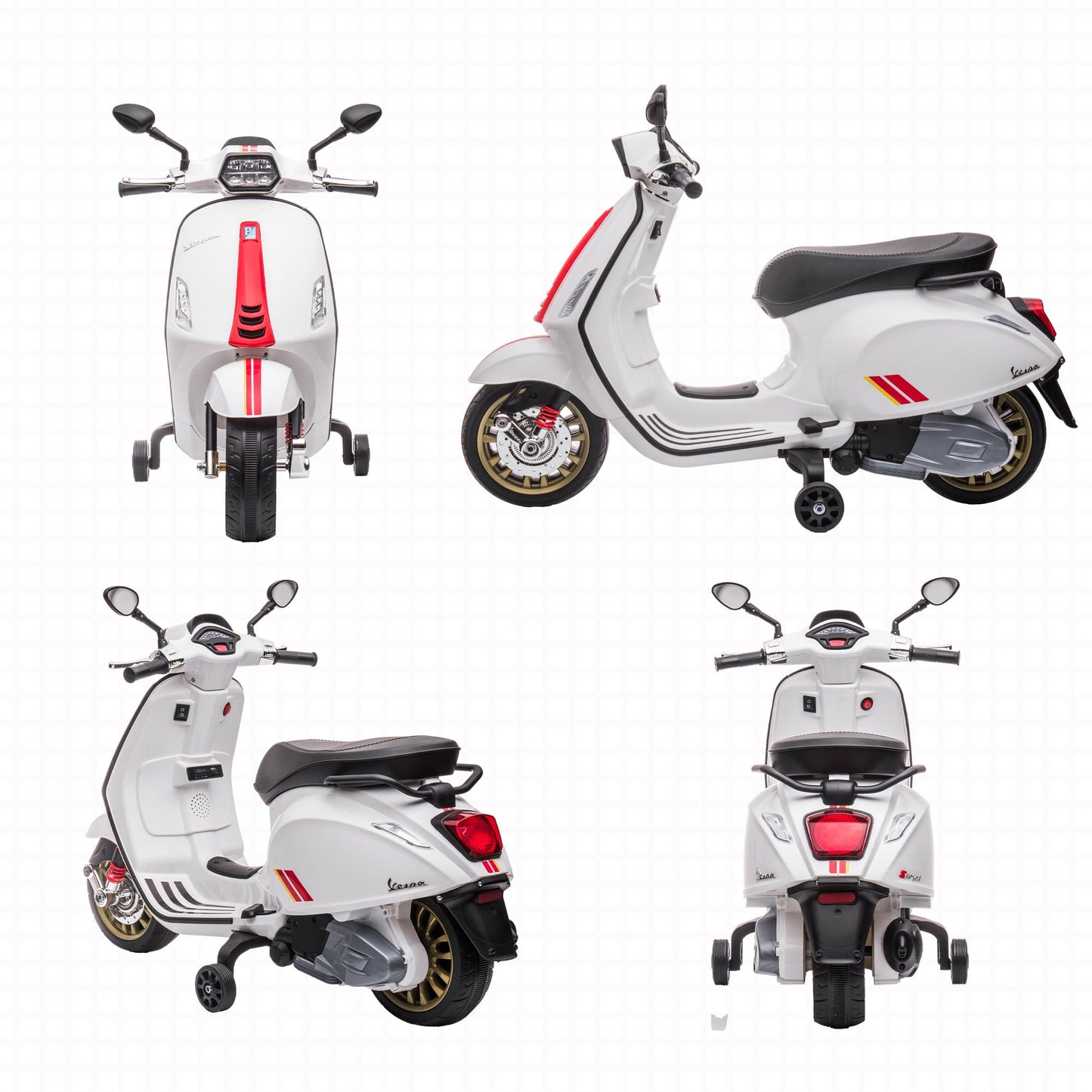 Licensed Children's Electric Motorcycle Vespa with Wheels, Headlight and Music, in PP and Metal, 107x47x73 cm, White