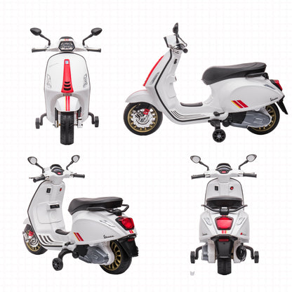 Licensed Children's Electric Motorcycle Vespa with Wheels, Headlight and Music, in PP and Metal, 107x47x73 cm, White
