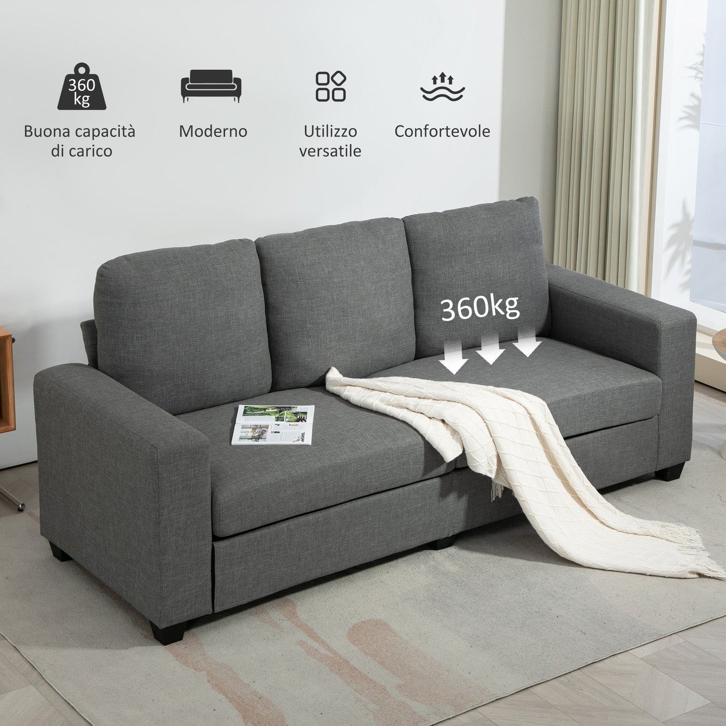 3 Seater Fabric Sofa with Padded Cushions and Linen Effect Upholstery, 237x94x102cm, Grey