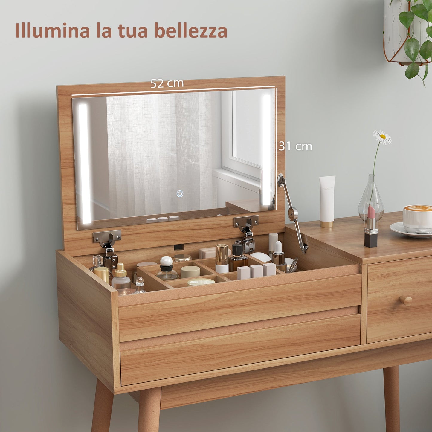 Wooden Dressing Table with LED Mirror and Storage, 100x40x87 cm