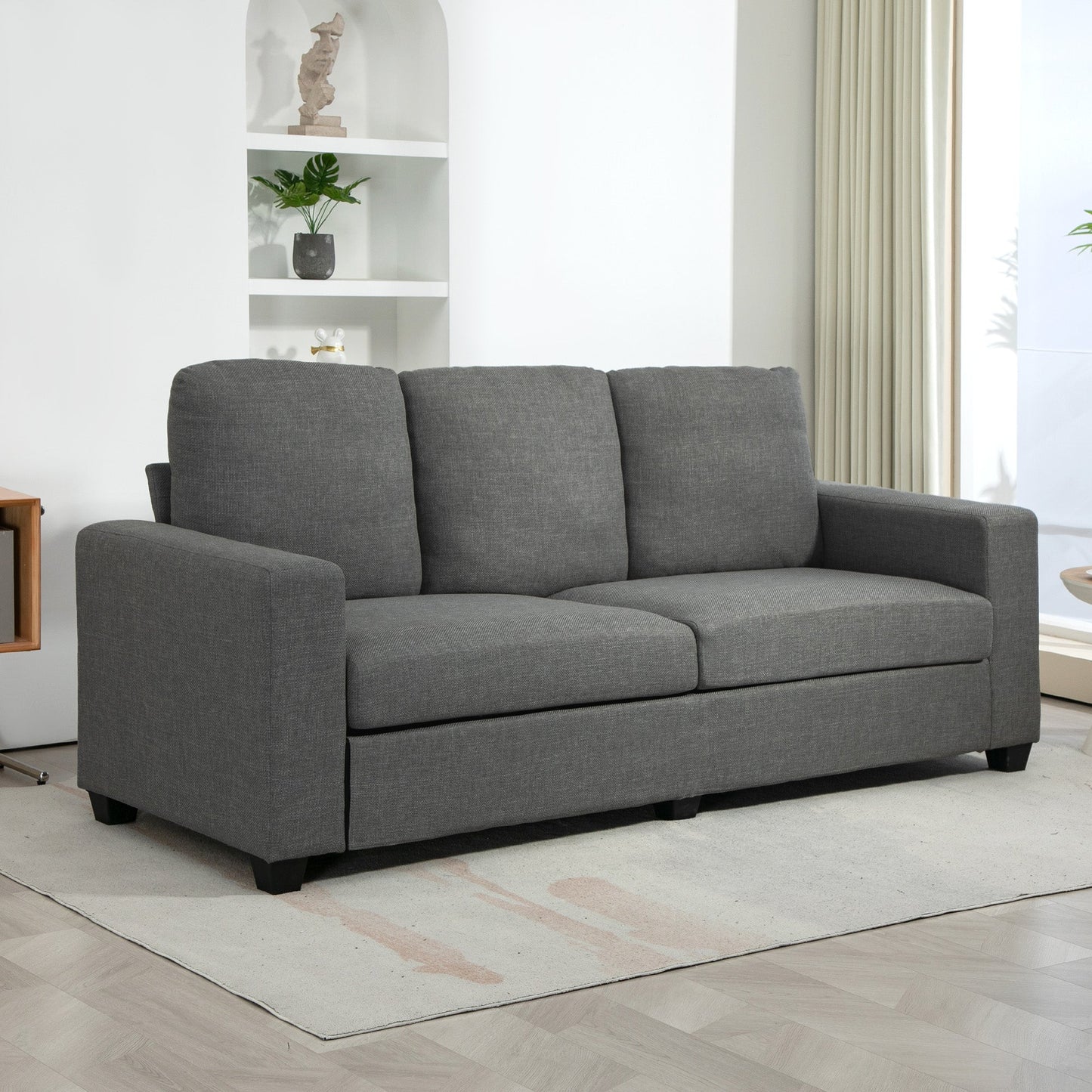 3 Seater Fabric Sofa with Padded Cushions and Linen Effect Upholstery, 237x94x102cm, Grey
