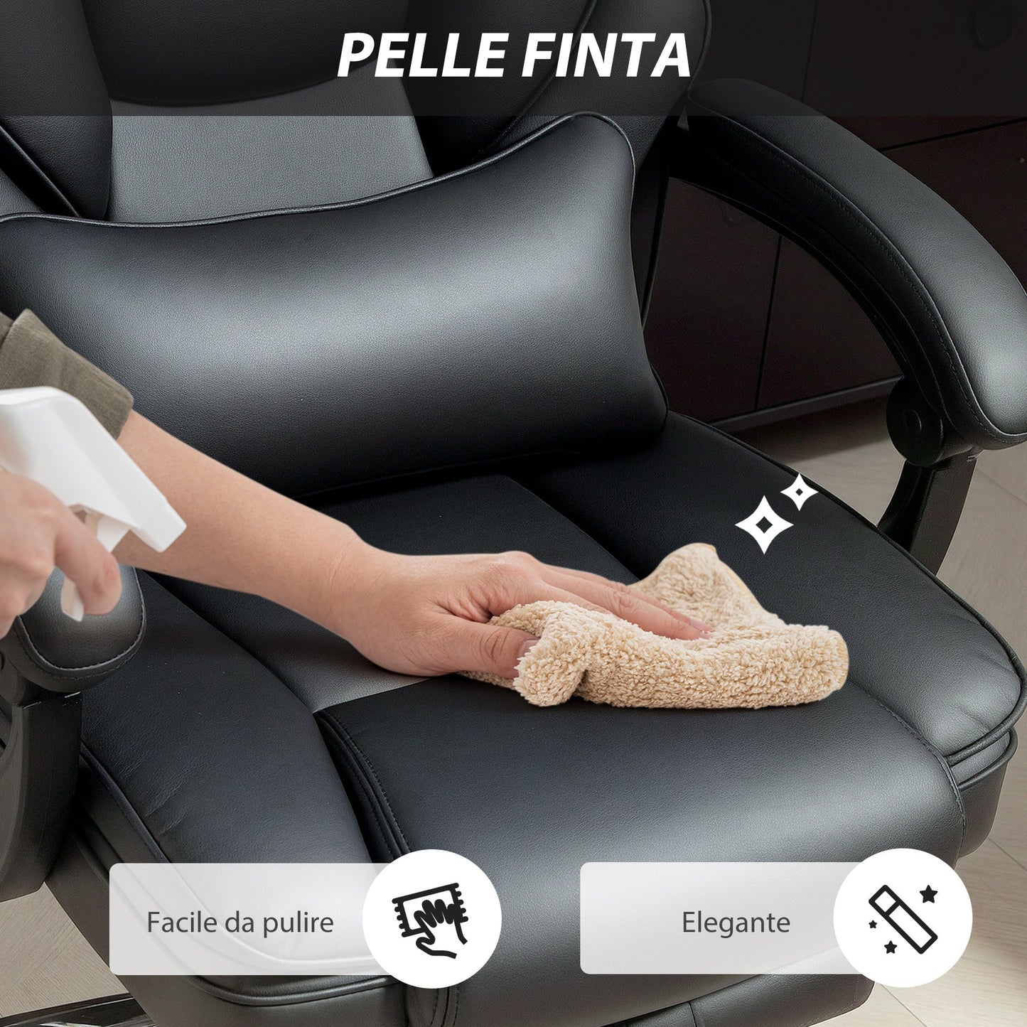 PU Leather Office Chair with Footrest, Adjustable Headrest and Lumbar Support, Black