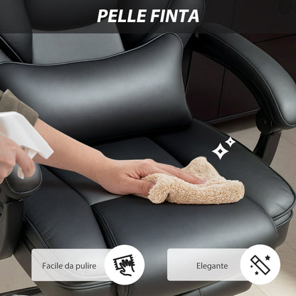 PU Leather Office Chair with Footrest, Adjustable Headrest and Lumbar Support, Black