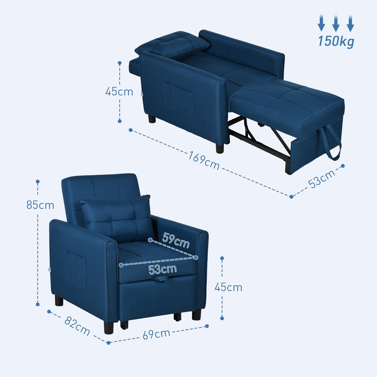 Single Reclining Armchair Bed on 3 Levels with Extra Cushion, 69x82x85cm, Blue